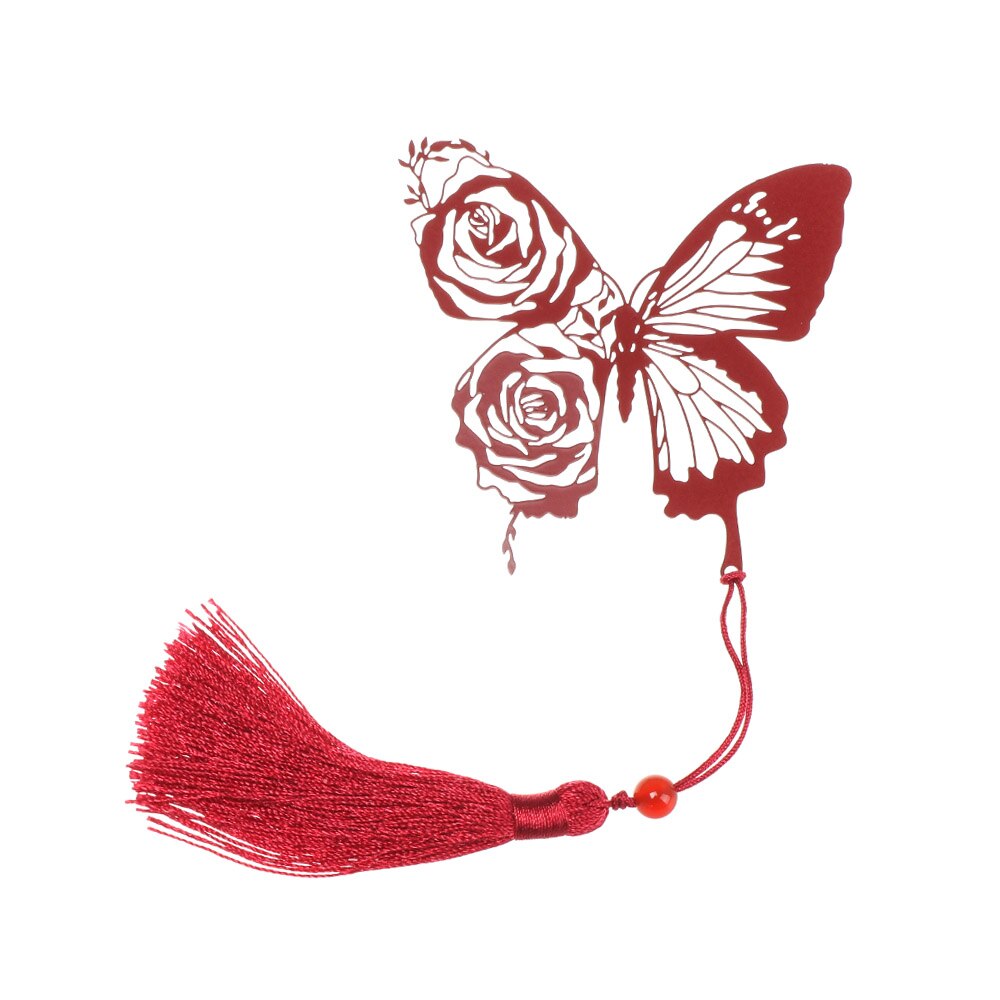 Beautiful Hollow Metal Bookmark With Red Strap Students Stationery Chinese Style Black Leaf Butterfly Feather Book Markers: Style 2