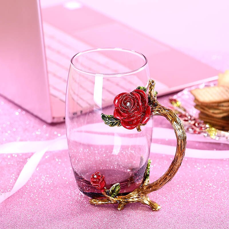 Rød rose emalje krystal krus blomst te glas høj kvalitet glas kop blomsterkrus med håndtag perfekt til elsker bryllup: 02