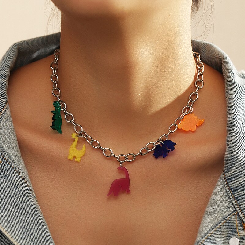 Animals Dinosaur Acrylic Charms Pendant Necklace Jewelry for Women Girls Party Birthday Clavicle Chain Necklace Jewelry