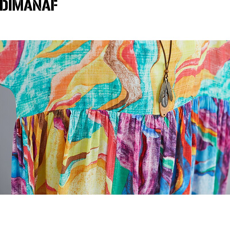 DIMANAF Plus Size Women Dress Summer Sundress Beach Style Cotton Lady Print Dress Female Vestidos Loose Pleated Casual Clothing