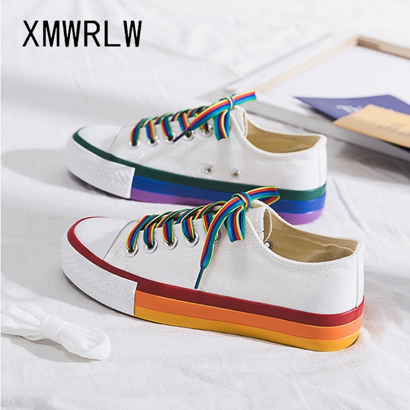 Xmwrlw regnbue hvide sko kvinder lærred sneakers med farve blonde sko forår kvindelige flade sneakers kvinder sko