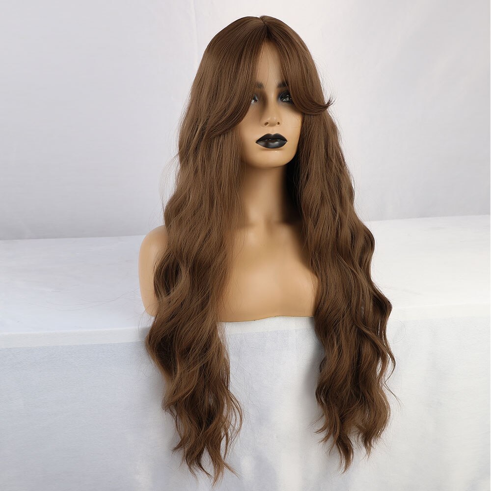 Jonrenau sintético marrom escuro longo ondulado perucas de cabelo com franja lateral resistente ao calor perucas de fibra para preto branco