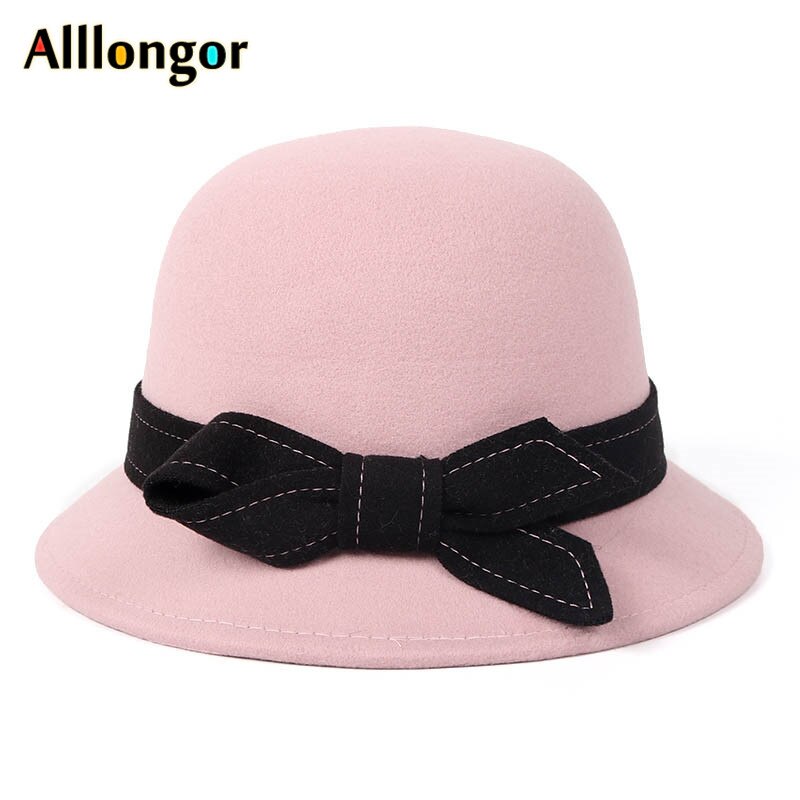 Efterår vinter derby hat kvinder sløjfe massiv grå sombrero mujer fedora hat damer formel vintage uld filt bowlerhat: Lyserød