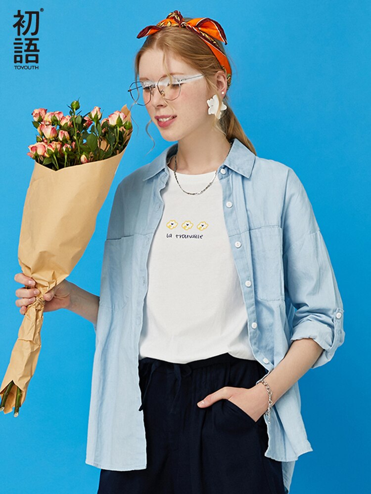 Toyouth Women Blouse Autumn Casual Jeans Blue Tops Long Sleeve Loose Cotton Shirts