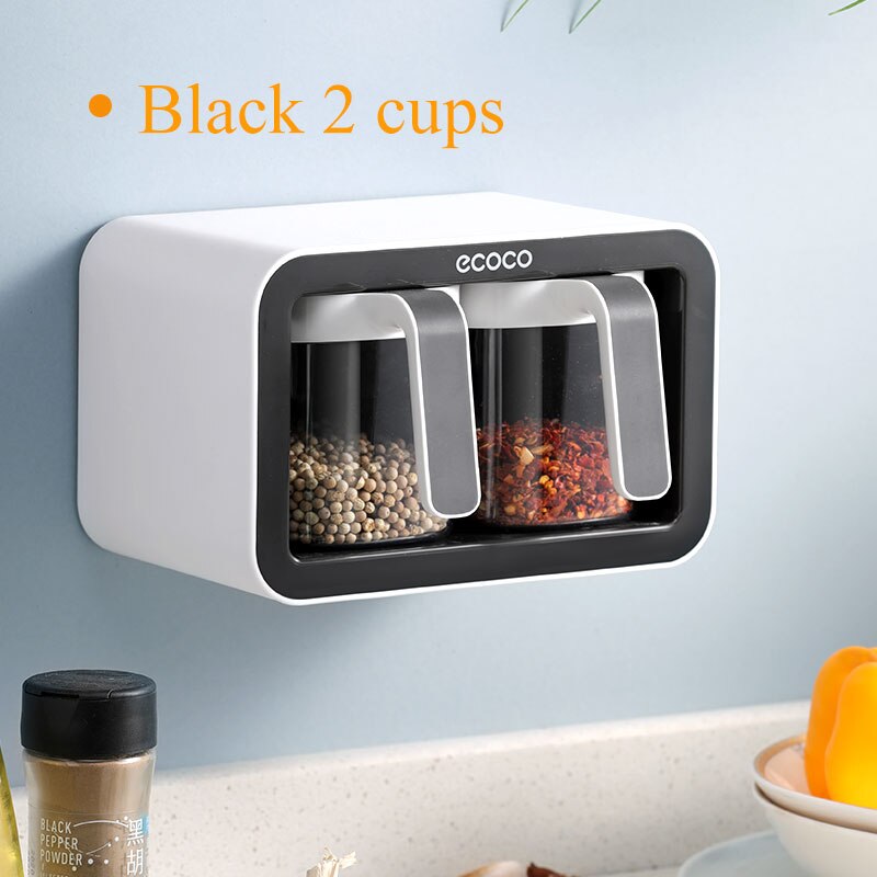 Kruiden Rek Muur Gemonteerde Opbergdoos Suikerpot Zout Shaker Kruiden Container Kruiden Doos Met Lepel Keuken Benodigdheden Set: Black 2 cups