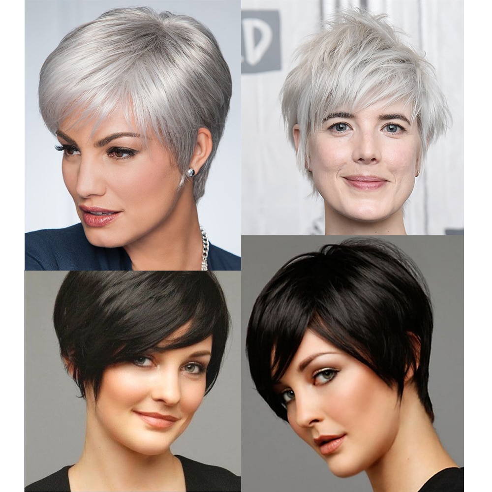 Azqueen kort hår peruk med lugg pixie cut med höjdpunkter syntetisk kort rak frisyr för silvervita kvinnor
