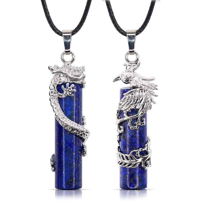 Collar cilíndrico con colgante de Yin Yang para parejas, 2 piezas, dragón de cristal, Fénix, curación por radiación: royal blue
