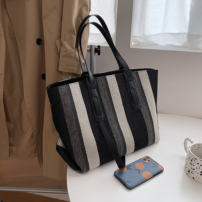 Woman Handbag Striped Canvas Large Shopper Tote: Black