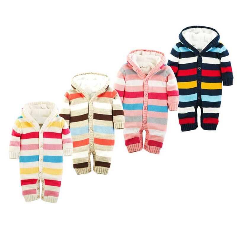Kids Baby Jongens Meisjes Trui Jumpsuit Brei Haak Kapmantel Baby Kinderen Winter Gestreepte Geborsteld Dikke Warme Uitloper Kleding