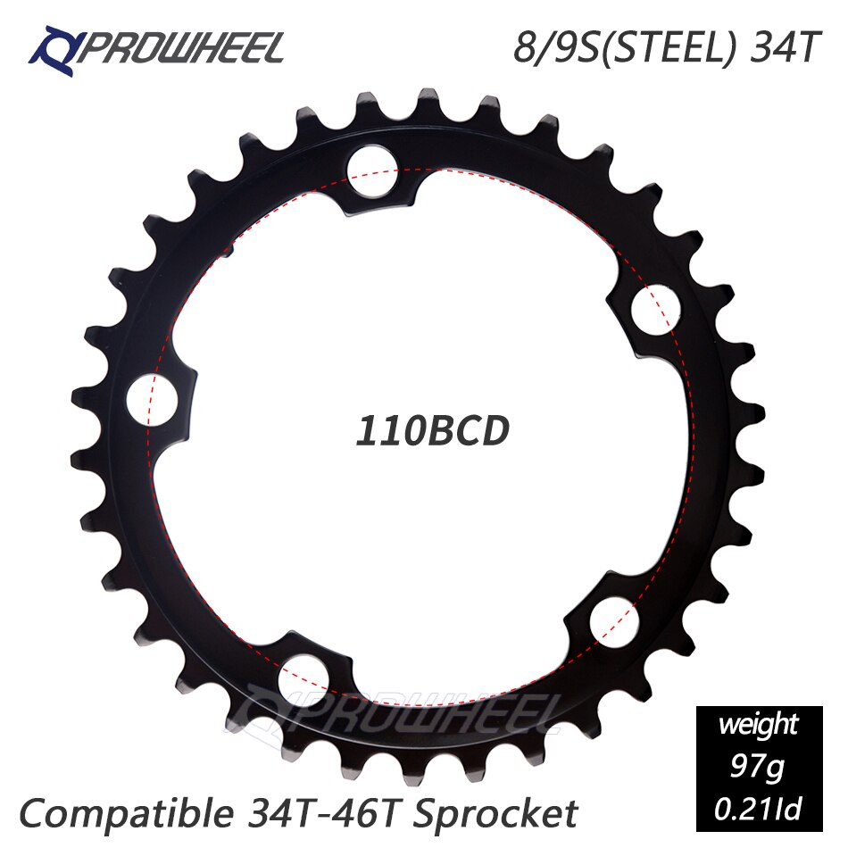 Prowheel Racefiets Kettingblad 110/130BCD 34/39/50/53T Tandwiel AL-7075 Cnc 8/9/10/11 Speed Chainwheel Crankstel Tandplaat Onderdelen: 5h 110bcd 34t Steel