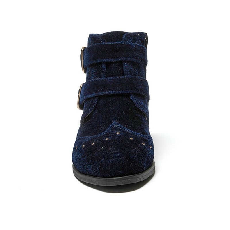 Botas de terciopelo azul Vintage para mujer, botas de tacón medio con cremallera lateral para otoño e invierno, botas cortas de tacón bajo de estilo británico para mujer