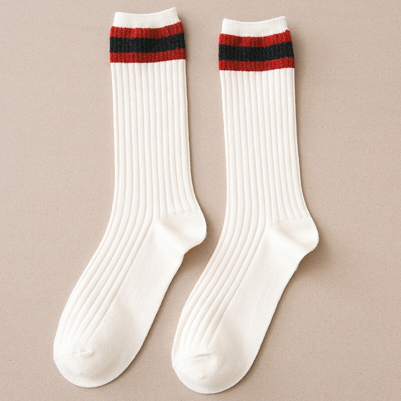 Women Mid Tube Stockings College Style Solid Stripes Socks Breathable Long Socks Bright Color School Style Slender Leg Socks: white