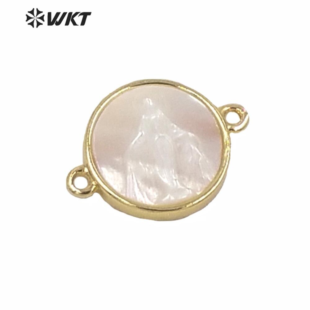 MP170 Religieuze Gold Metal Bezel Hanger Wit Shell Tiny Charm Jezus Connector Hanger Dubbele Haken Vrouwen Sieraden Shell
