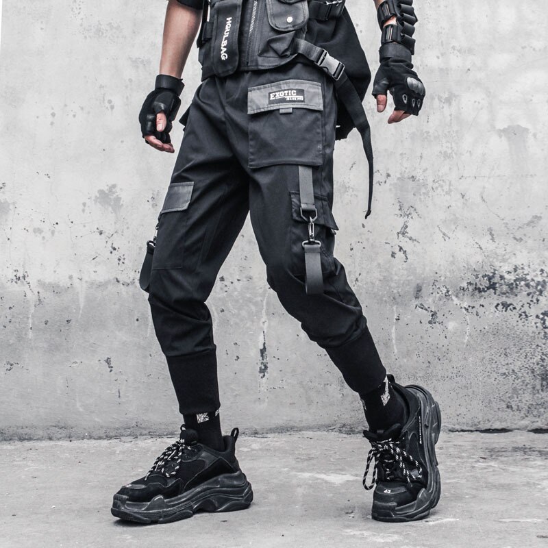HOUZHOU-pantalones Cargo negros para hombre, ropa de calle japonesa, Hip Hop, gótico, cintas empalmadas