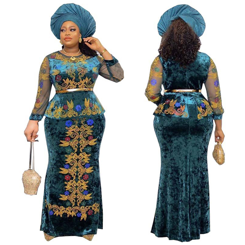 Md luksus verkkohihaiset samettimekot naisille afrikkalainen dashiki brodeerattu pitkä mekko ei headtie nigerialainen viitta juhliin kaftanilla