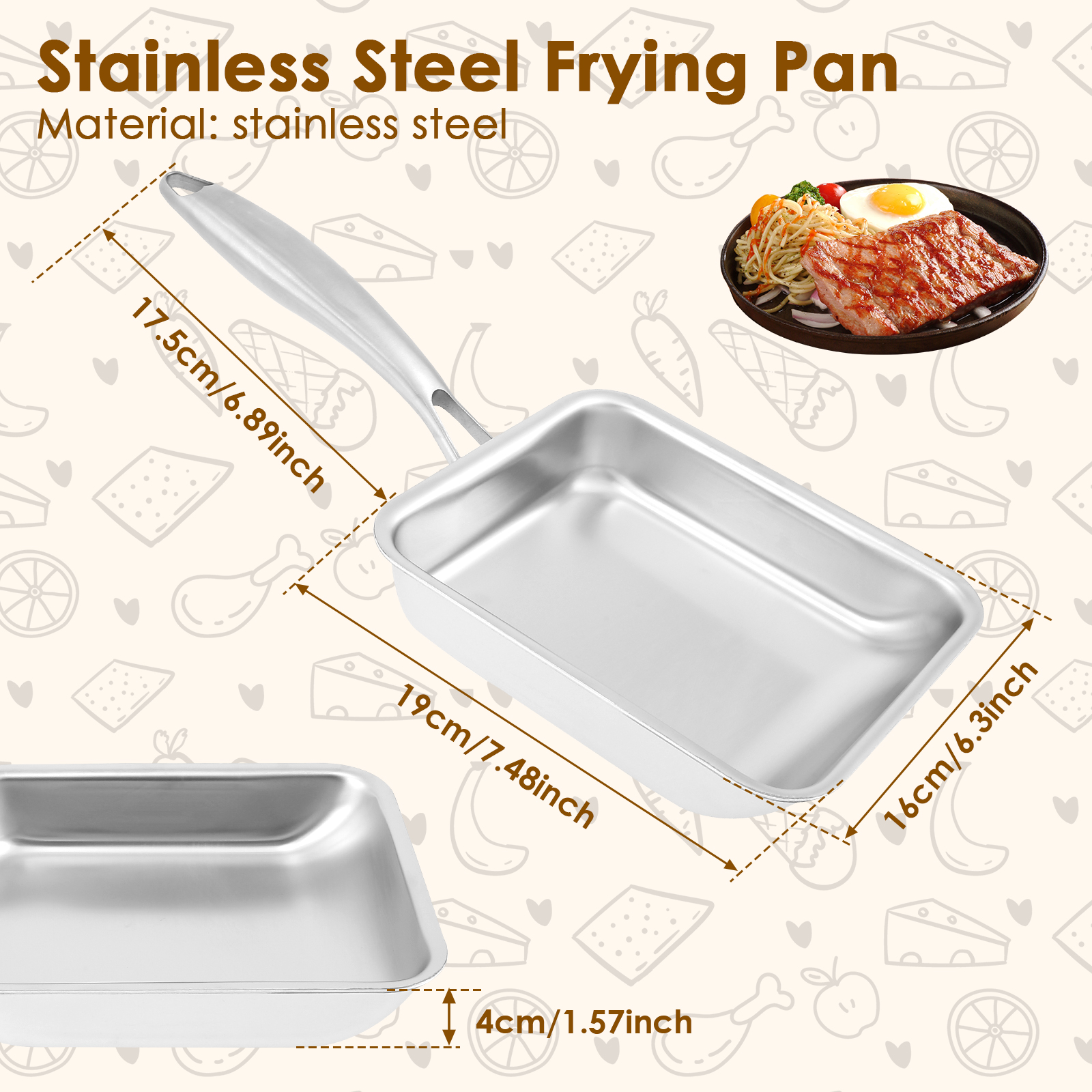Tamagoyaki Japanese Frying Pan Stainless Steel/Aluminum Alloy Non stick Egg Pan with Handle Multi functional Frying Pan: WHITE