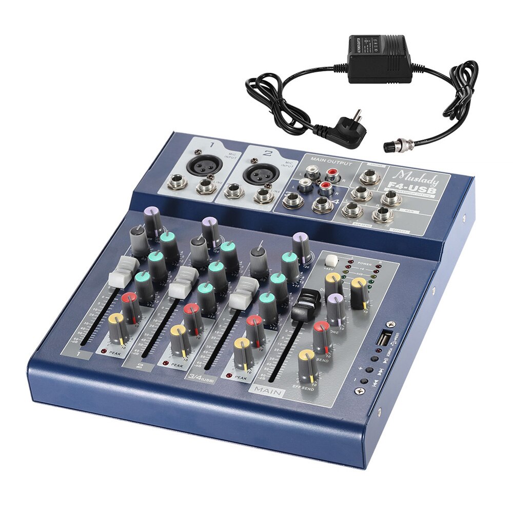 Muslady F4 Professionelle Metall 4 Kanal Live Mixing Konsole 3-Band EQ USB Funktion 48V Phantom mit bulit-in Wirkung: EU PLUG
