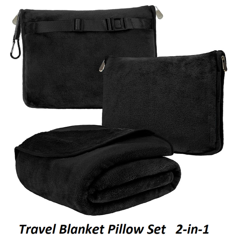 Couverture et oreiller de voyage, boucle à clipser, couverture combinée 2 en 1 en polaire douce et chaude pour avion, Camping, voiture, grande couverture compacte