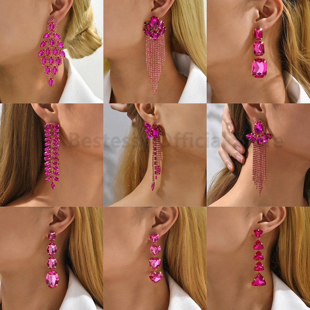 Pendientes colgantes de gota llamativos de diamantes de imitación de color rosa intenso para mujer, colgantes grandes geométricos de de lujo, de joyería para y boda