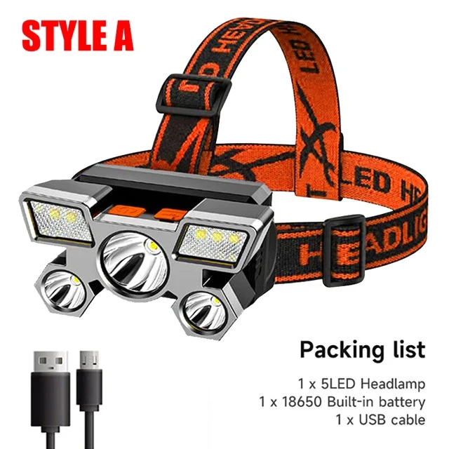 Linterna frontal de luz fuerte 5LED, linterna para cabeza de pesca recargable por USB, linterna para acampar y ciclismo, lámpara de mina montada en la cabeza: changeable