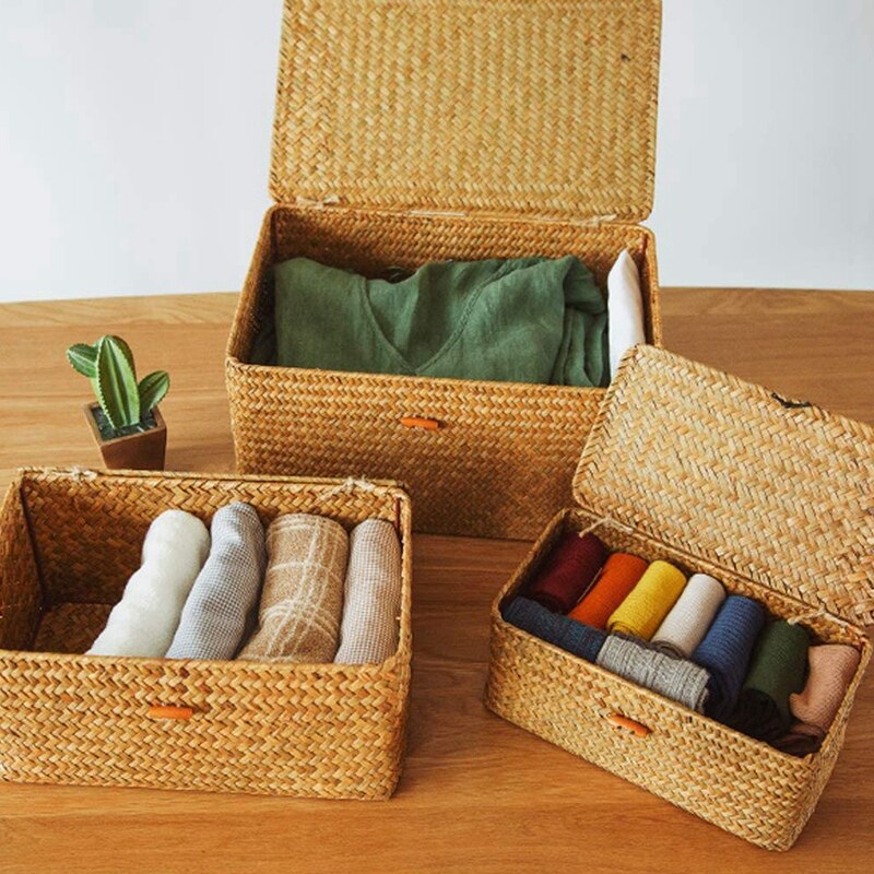 Woven Wicker Storage Bins with Lid - Set of 3 - Rectangular Seagrass Basket/Storage Basket For Shelf Organizer