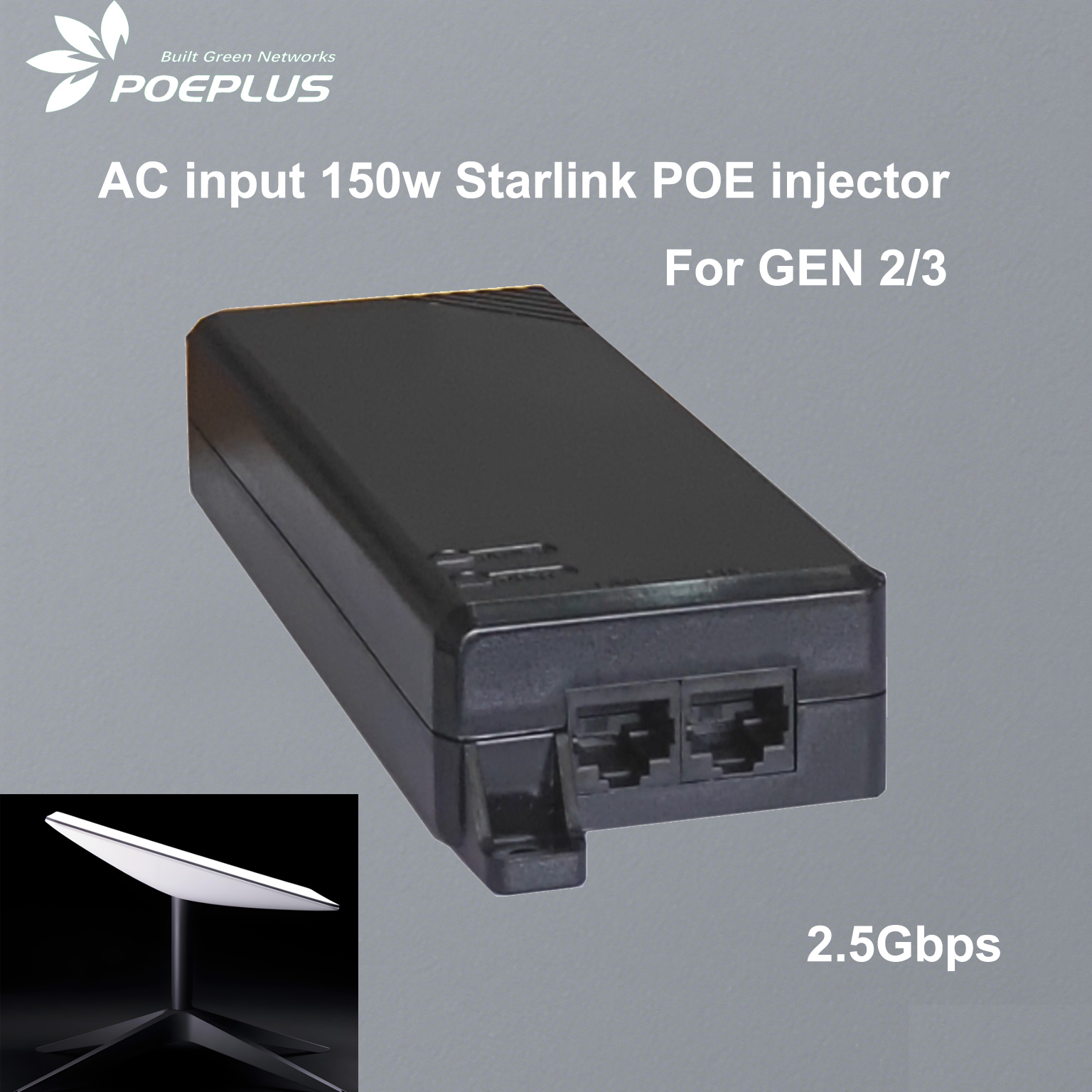 Entrada AC starlink dishy Injetor POE GEN2/GEN3 suporta saída de potência de 150 W: Azul