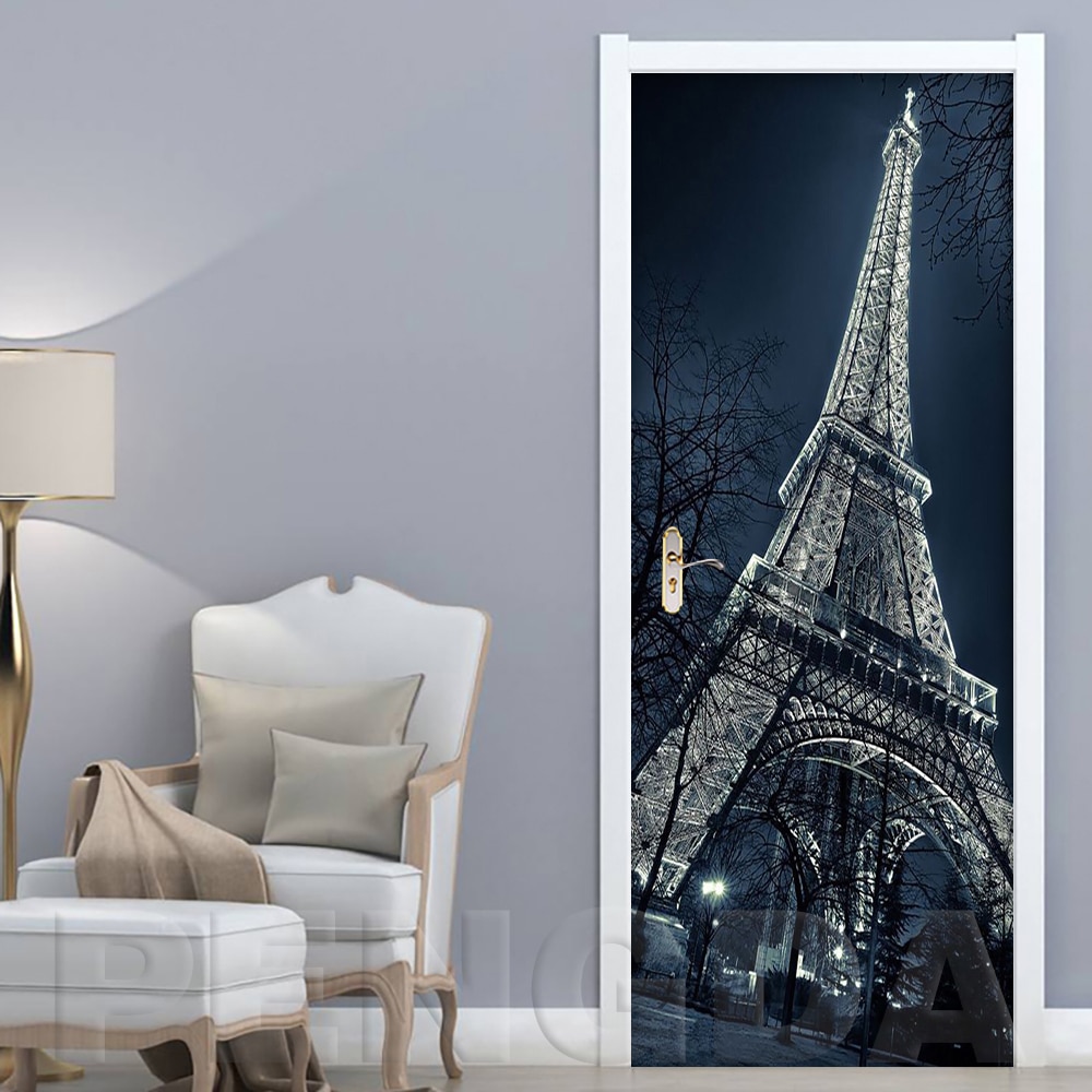 Självhäftande 3d papper 2 st renovering paris torn landskap diy pvc klistermärken dörr vattentät heminredning dekal tryck konst bild