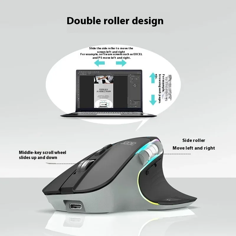 Acer Omr225 Bluetooth Wireless Gamer Mouse Mouse Dual Scroll Mouse ergonômico Programação personalizada Ratos para jogos Mouses de escritório