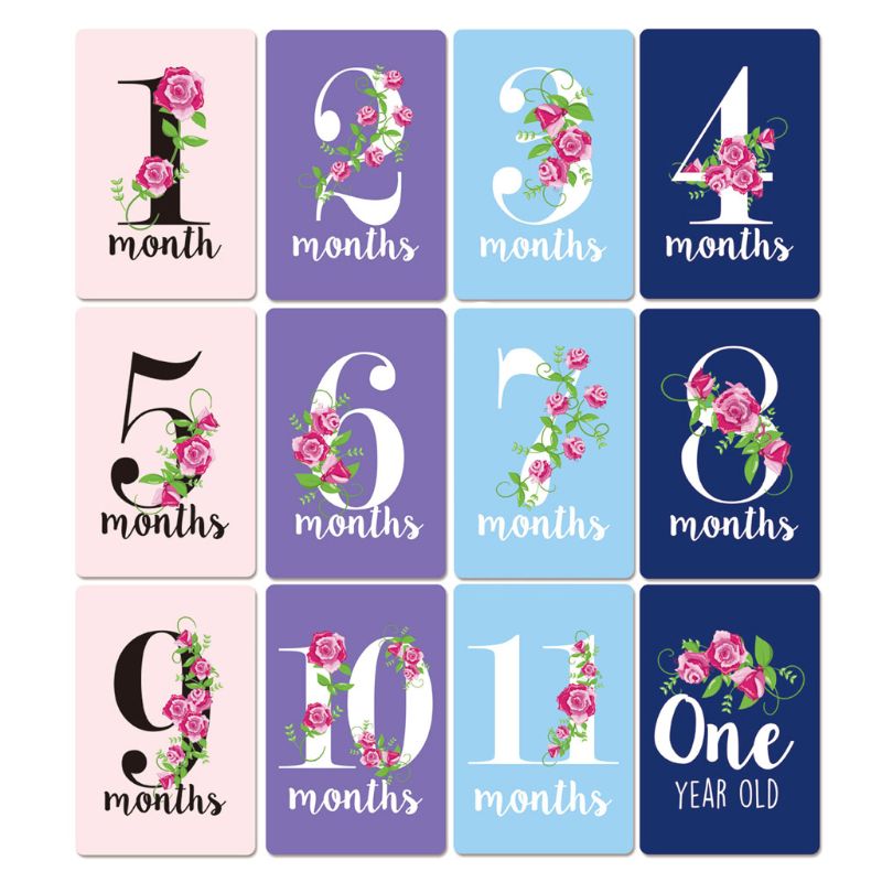 Baby milepæls fotokort - indstil  of 12 fotokort for at fange din babys mindeværdige øjeblikke til det første år: Blomster mønster