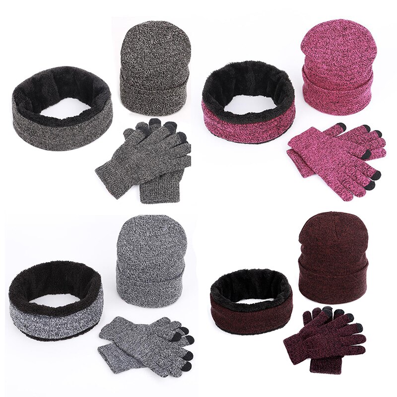 Hatte halstørklæder handsker tredelt sæt mænd kvinder vinter varm ring tørklæde touch screen handsker beanies bomuld udendørs soft cap motorhjelm