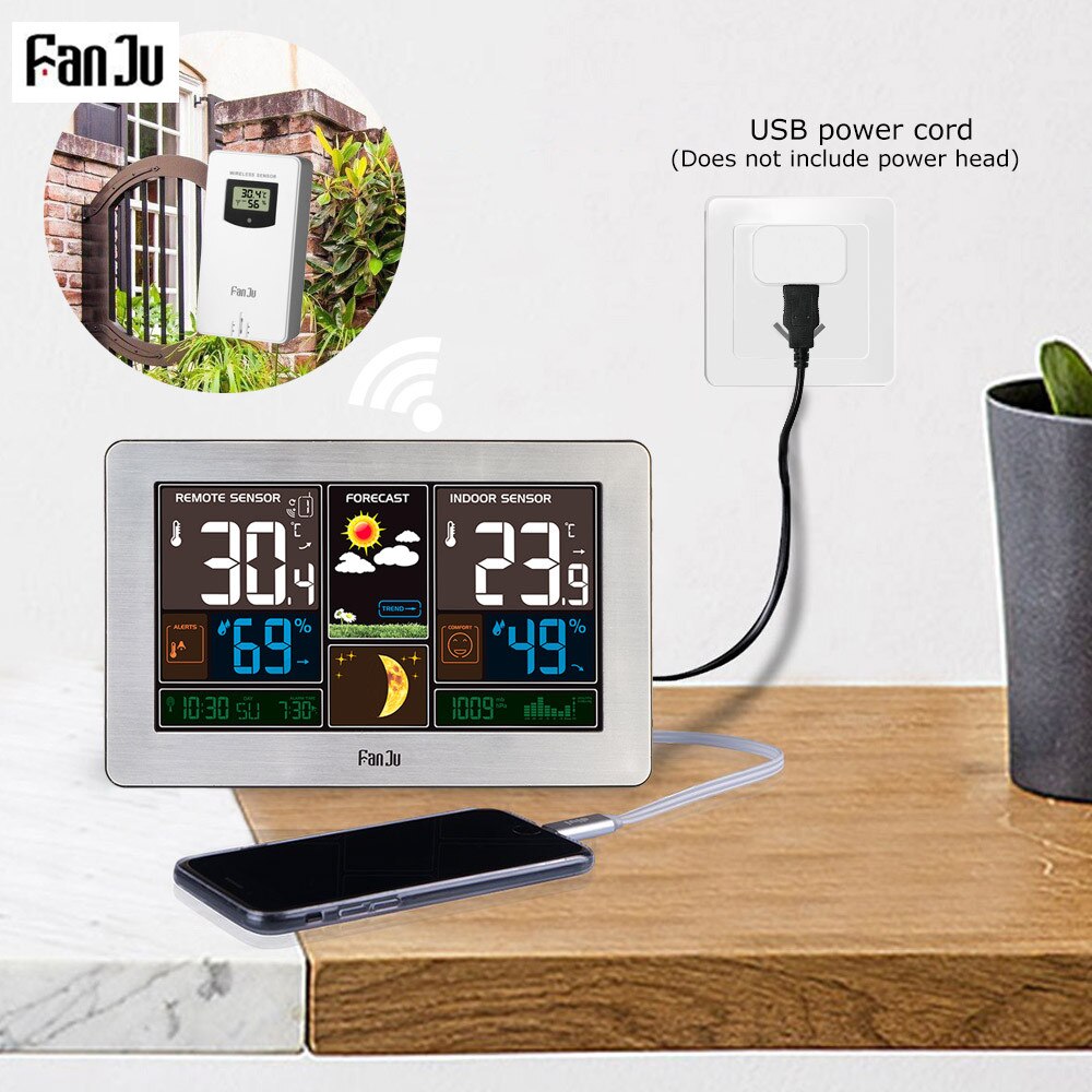 FanJu FJ3378 Weather Station Wall Barometer Forecast Temperature Humidity Wireless Sensor Indoor Outdoor Hygrometer USB Charger
