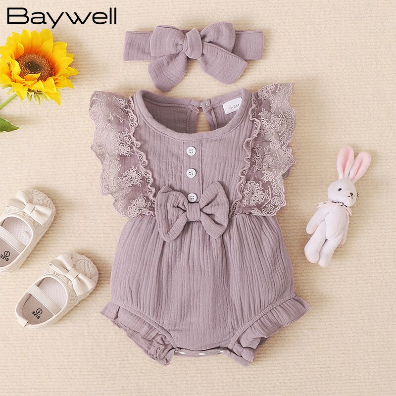 Baywell – body à volants en dentelle pour bébés filles, joli nœud papillon + bandeau en coton et lin, combinaisons sans manches pour nourrissons, vêtements doux pour tout-petits