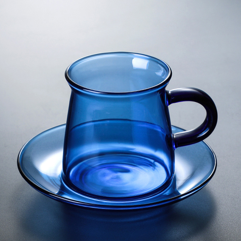 Ins färg värmebeständigt glas med handtag kaffekopp mjölkkopp vattenkopp frukostkopp med tallrik bärnstensblå