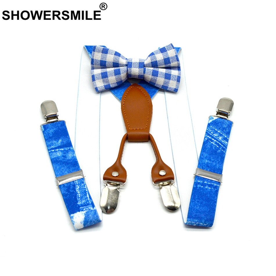 Showersmile drenge seler print denim blå seler og butterfly sæt børnelæder 4 klips elastisk justerbar børnebukserem