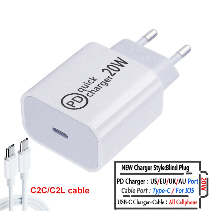 Adaptador de cargador USB tipo C, carga rápida de teléfono, PD, 20W, para iPhone 12, 11 Pro Max, X, Xs, Xr, 7, AirPods, iPad, Huawei, Xiaomi, Samsung