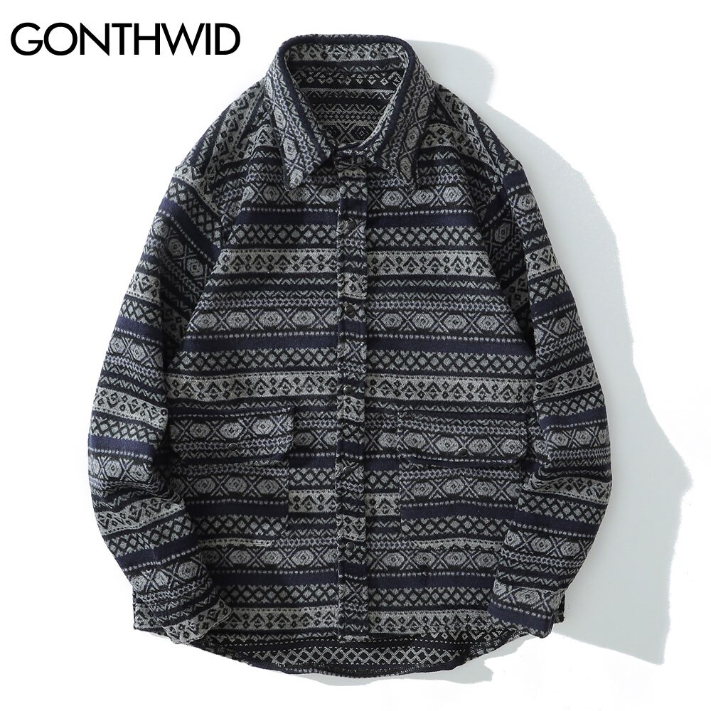 Gonthwide lange ermer tykke skjorter kåper streetwear hip hop geometri farge blokk stripete skjorter herre harajuku casual skjorte topper