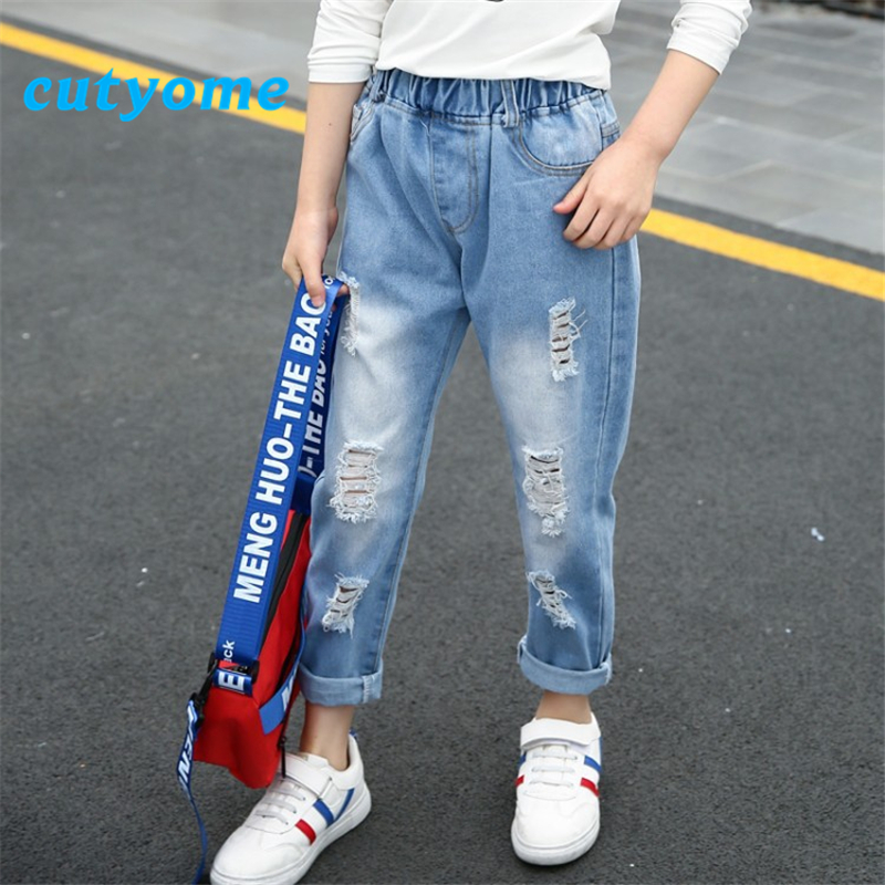 Jean déchiré bleu clair pour filles, pantalon en Denim ample, taille élastique, pour adolescentes de 3 à 16 ans, été