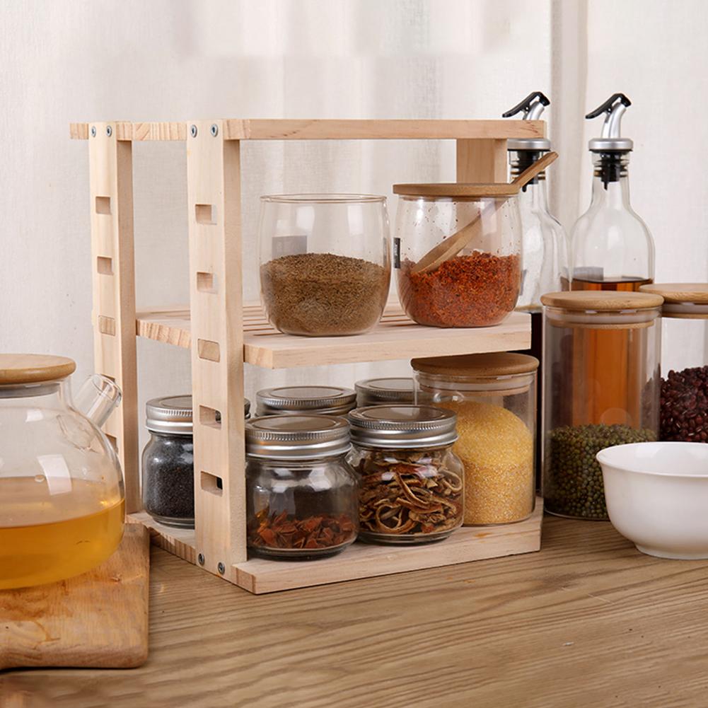 Home Bamboo Countertop 3 Tier Spice Shelf Organizer Multifunctional Corner Kitchen Freely Adjustable Storage Shelf Supplies