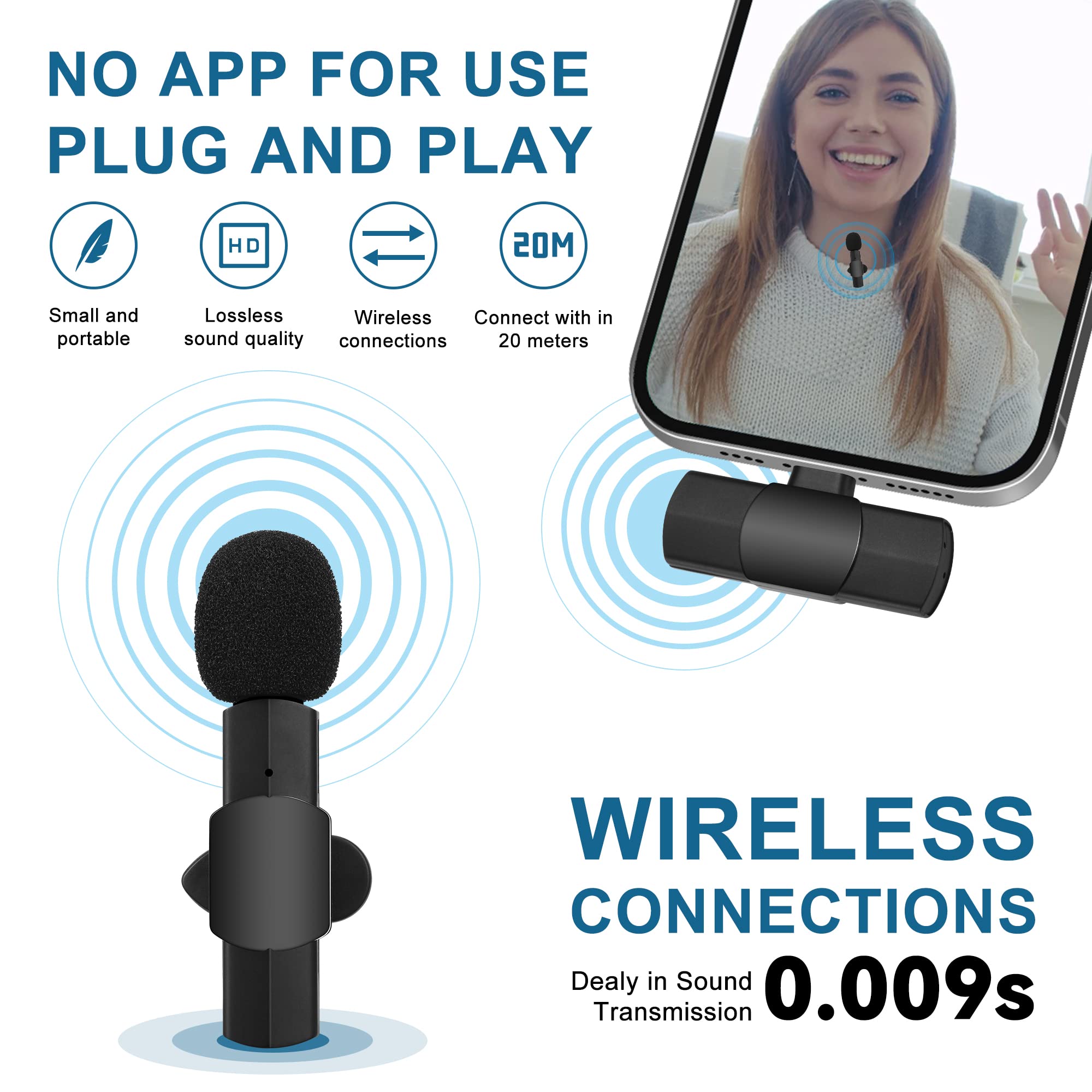 Wireless Microphone for iPhone iPad Android Lavalier for Video Recording TikTok Facebook Live Interview Plug Play Lapel Mic