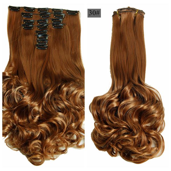 Luksus til fletning 50cm fremhævede farve syntetiske clips ins hårstykker bølget syntetisk clip on hair extensions 50cm 8 stk/sæt: #30