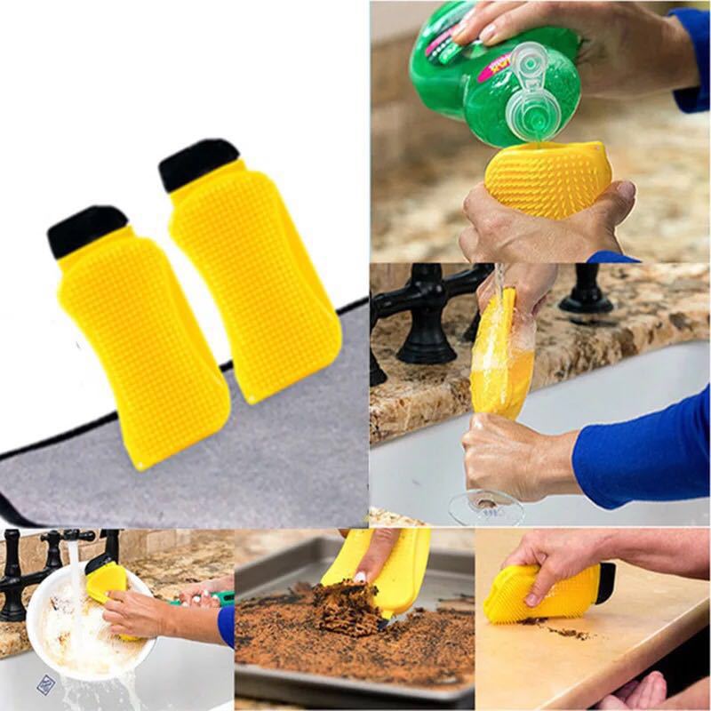 Kjøkkenrengjøringe silikonbørste multifunksjons magisk rengjøringe vaskeverktøy panne oppvaskbolle svampeskrape med såpedispenserr