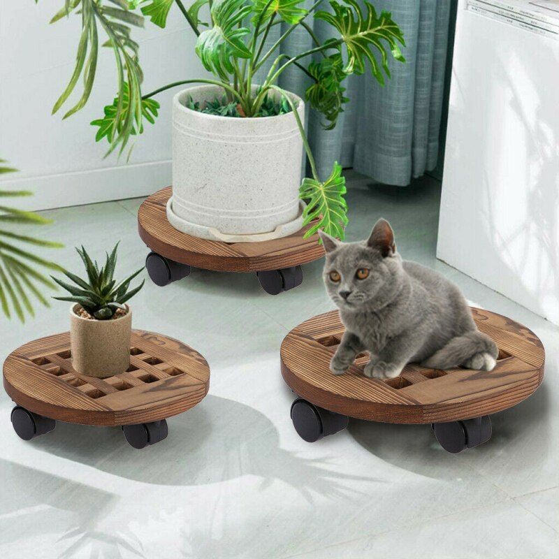 14 inch Round Wheeled Wooden Planter Caddy Plant Stand Indoor Outdoor Flower Pot Mover Trolley Plant Caddy Stand Wheels Rolling