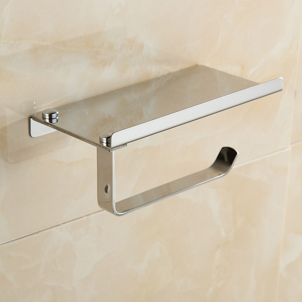 Soporte de papel higiénico de acabado cromado moderno con estante de almacenamiento para teléfono móvil de acero inoxidable montado en la pared