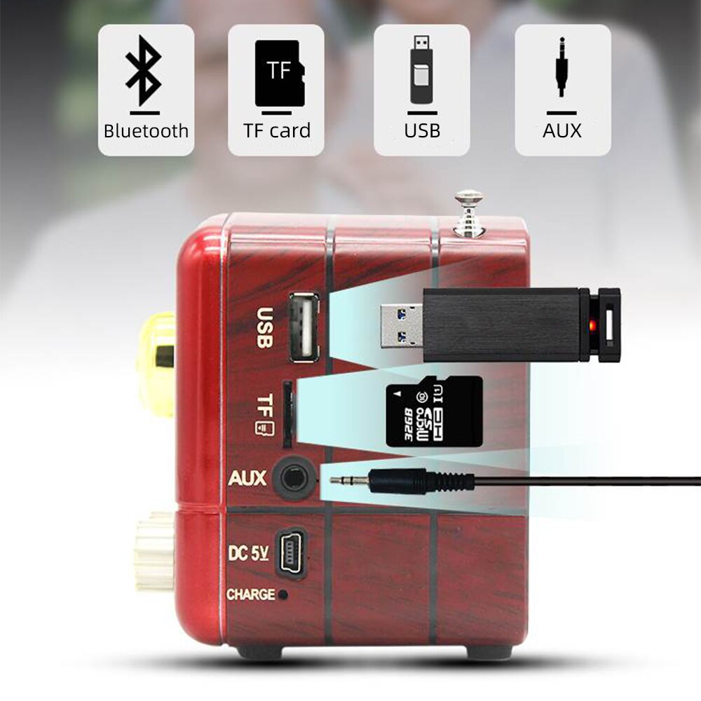 1PCs Red/Coffee Portable Vintage Retro Radio Bluetooth Speaker AM FM SW TF Card Slot USB Rechargeable Home Travel Mini Radio