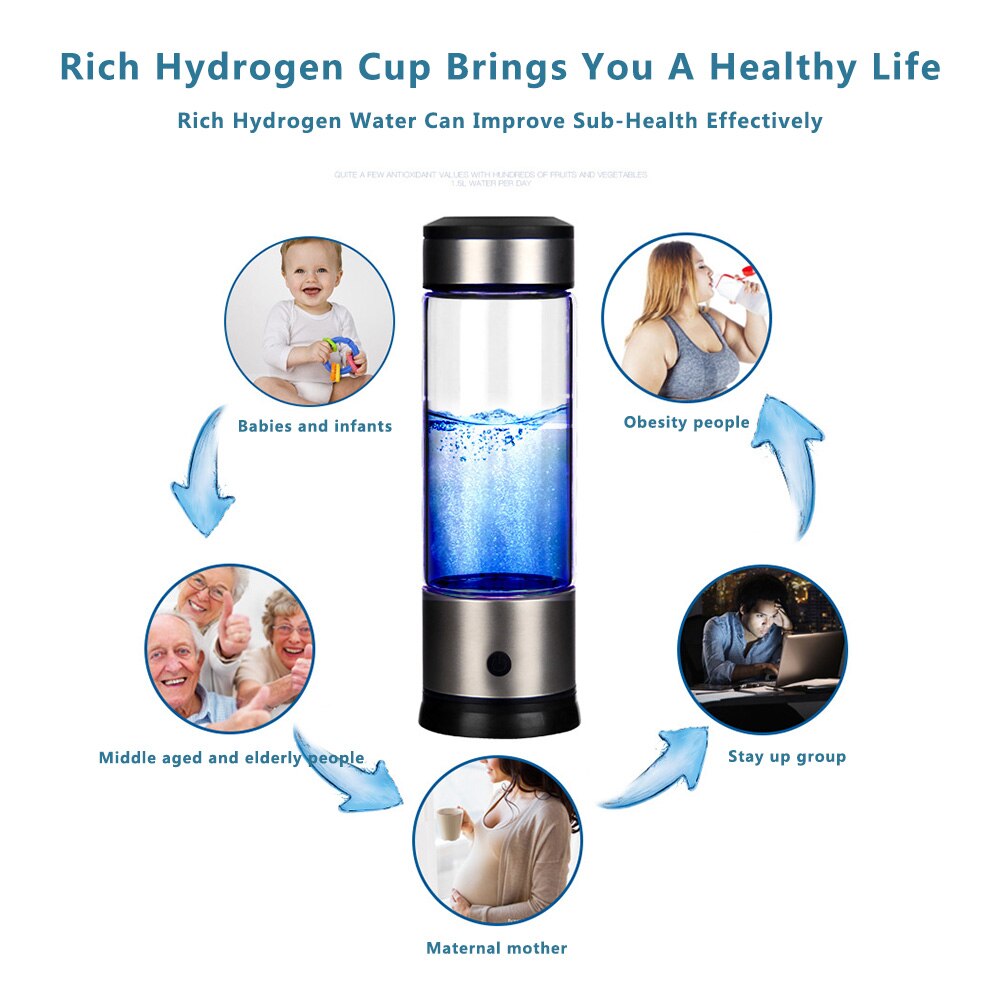 Portable SPE PEM Membrane Hydrogen Cup Rich Water Generator Ionizer Maker Black H2 Bottle USB Rechargeable Double Big