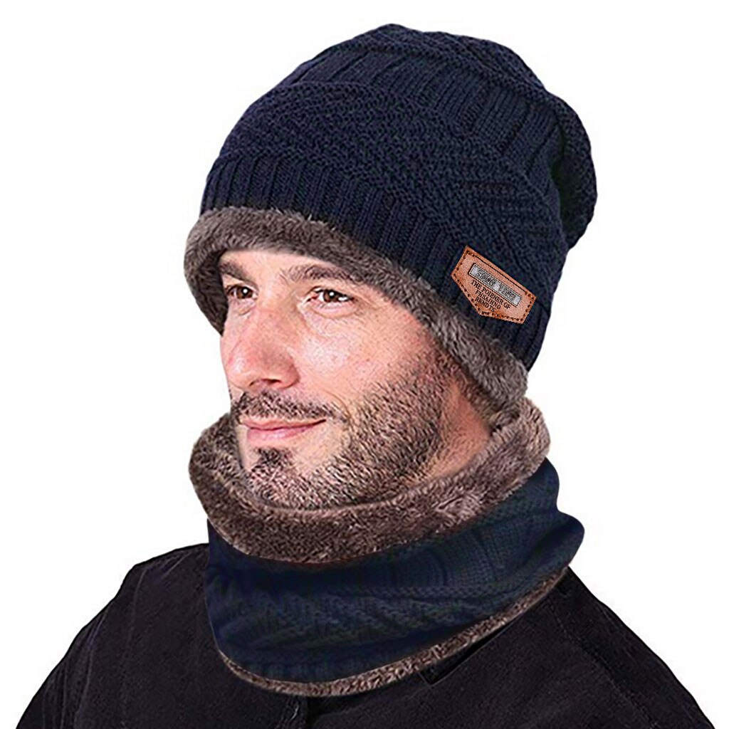 Vinter strikket hue tørklæde sæt til mænd tyk fleece varm hue hat tørklæde sæt solid strik vindtæt udendørs ski cap ring tørklæde