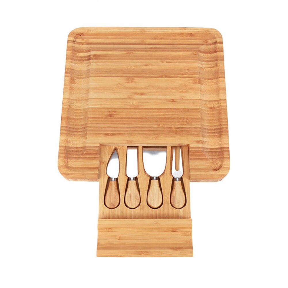 Bamboo Cheese Board with Cutlery Wood Charcuterie Platter Serving Meat Board with Slide-Out Drawer with 4 knife
