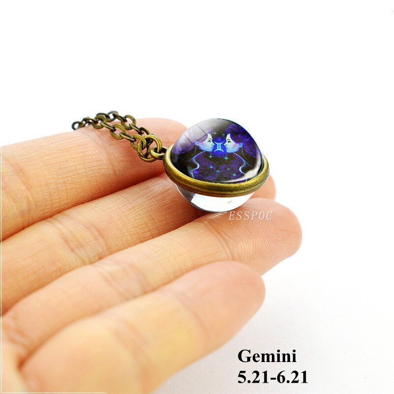 Regalo di compleanno 12 Costellazione Zodiacale Collana Doppio Lato della Sfera di Vetro Del Pendente Della Collana per Le Donne Astrologia Gioielli: Gemini