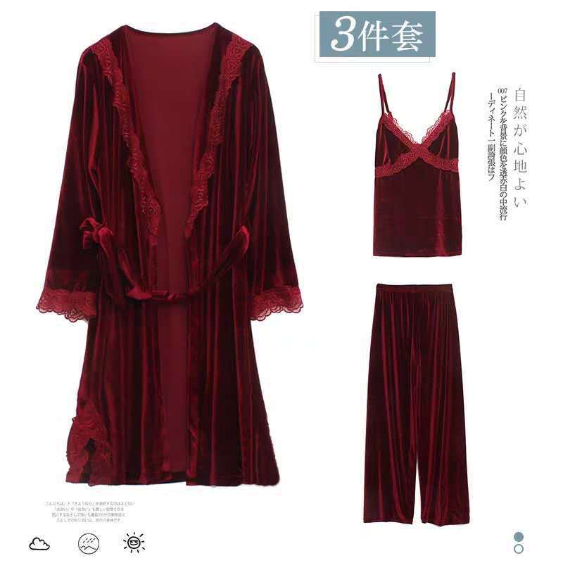Camisón de terciopelo para mujer, traje de tres piezas, SEXY, con encaje y pantalones, para primavera y otoño: Burgundy1 / L