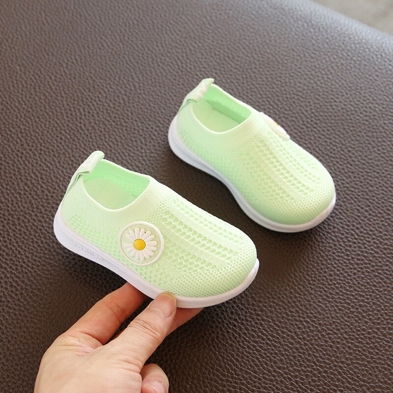 Peuterschoenen zachte onderkant babyjongen meisje sport kleine kinderen ademende air mesh schoenen bloem madeliefje geweven schoenen lente dun: Groente / 16---12 cm